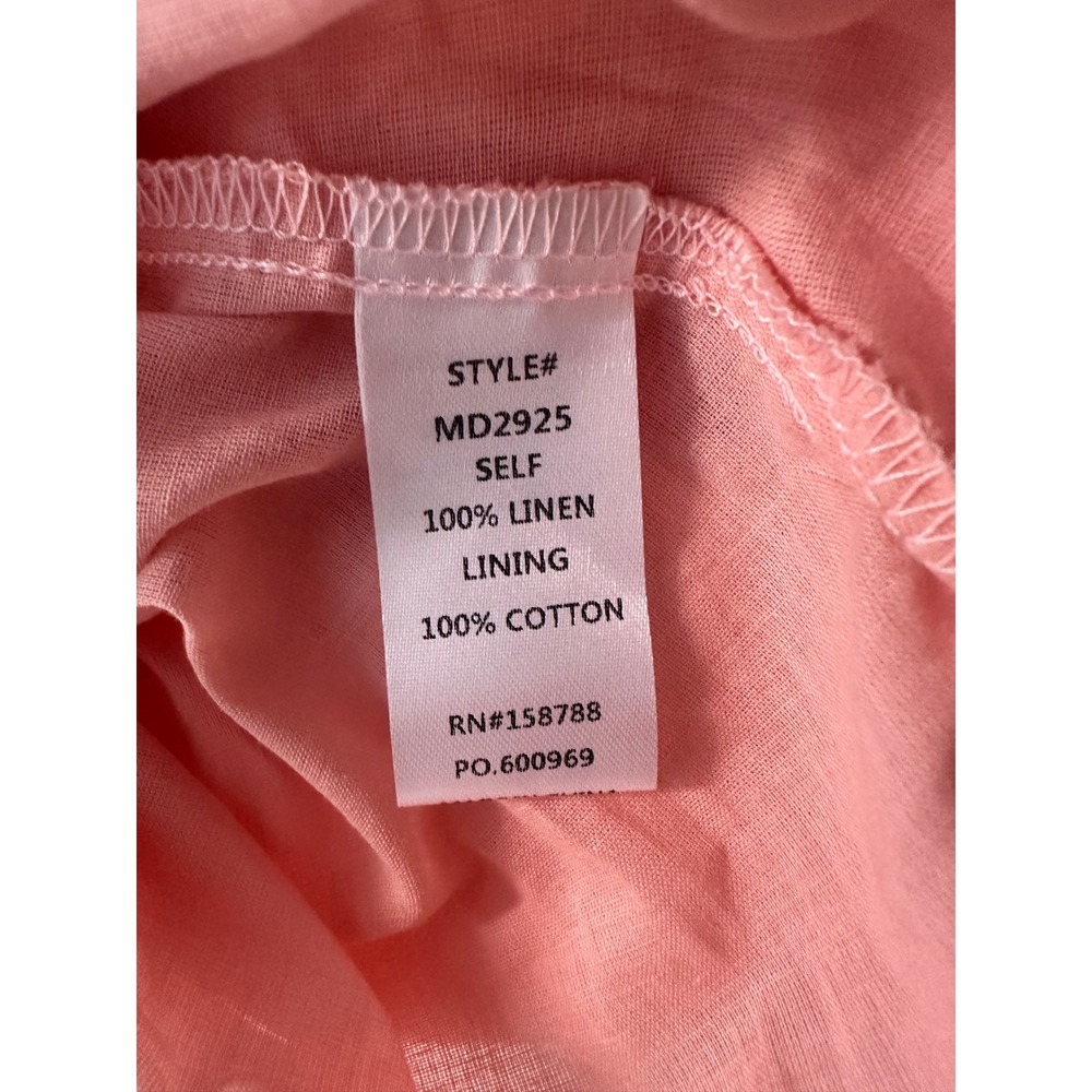 Mable Pink Linen Dress‎ Open Back Puff Sleeve Scalloped Hem Square Neck Large - Picture 5 of 9